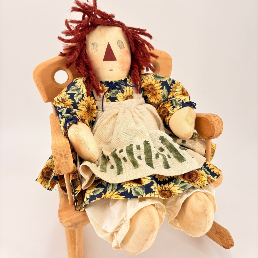 Handmade Primitive Raggedy Ann Style Cloth Doll Sunflower Dress 14‎ Inch